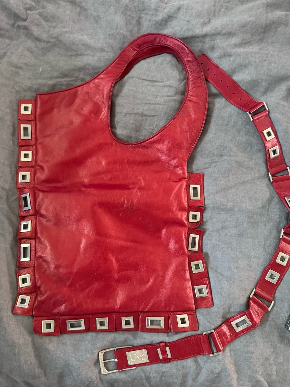UVO Luxury Accessories Red Leather Hobo Bag with Matching Studded Belt